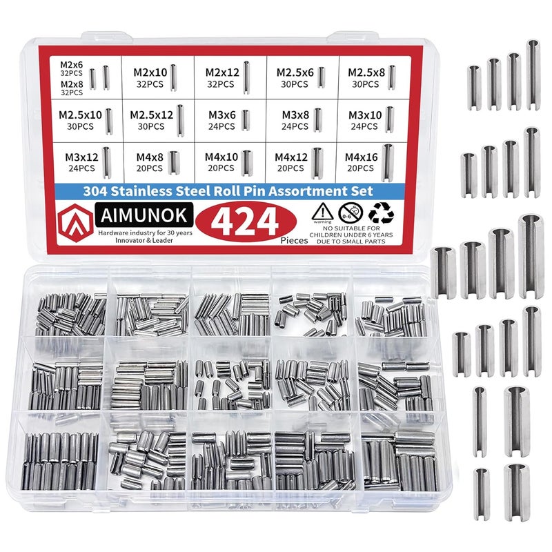 AIMUNOK 424-Piece Stainless Steel Roll Pin Kit – Spring Dowels, Slotted & Split Pins (M1.5-M6, 14 Types) – Corrosion-Resistant Fasteners for Machinery, Automotive & DIY Repairs - Image 1